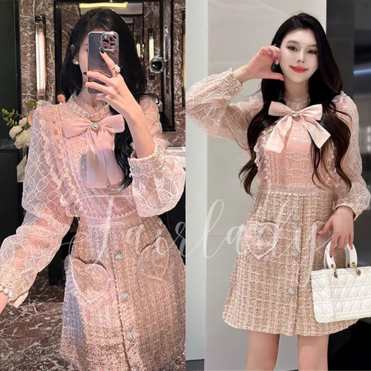 [READY] LD 88-100 Meredith Soft Pink Tweed Lace Ribbon Heart Dress Korean Style Premium Fairlady 181