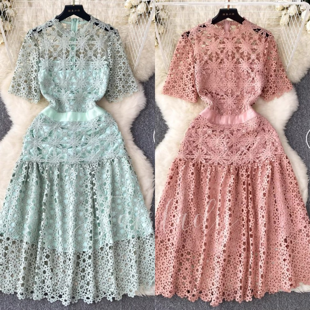 [READY] LD 88-100 Lilya MINT/PEACH Lace Brukat Midi Dress Korean Style Premium Fairlady_id 152