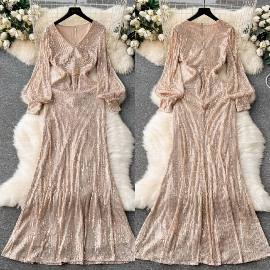 [READY STOCK] BIG LD 84-108 Ghania (Rose Gold) Sequin Maxi Long Sleeve Dress Pesta Korean Style Premium Fairlady 8/7