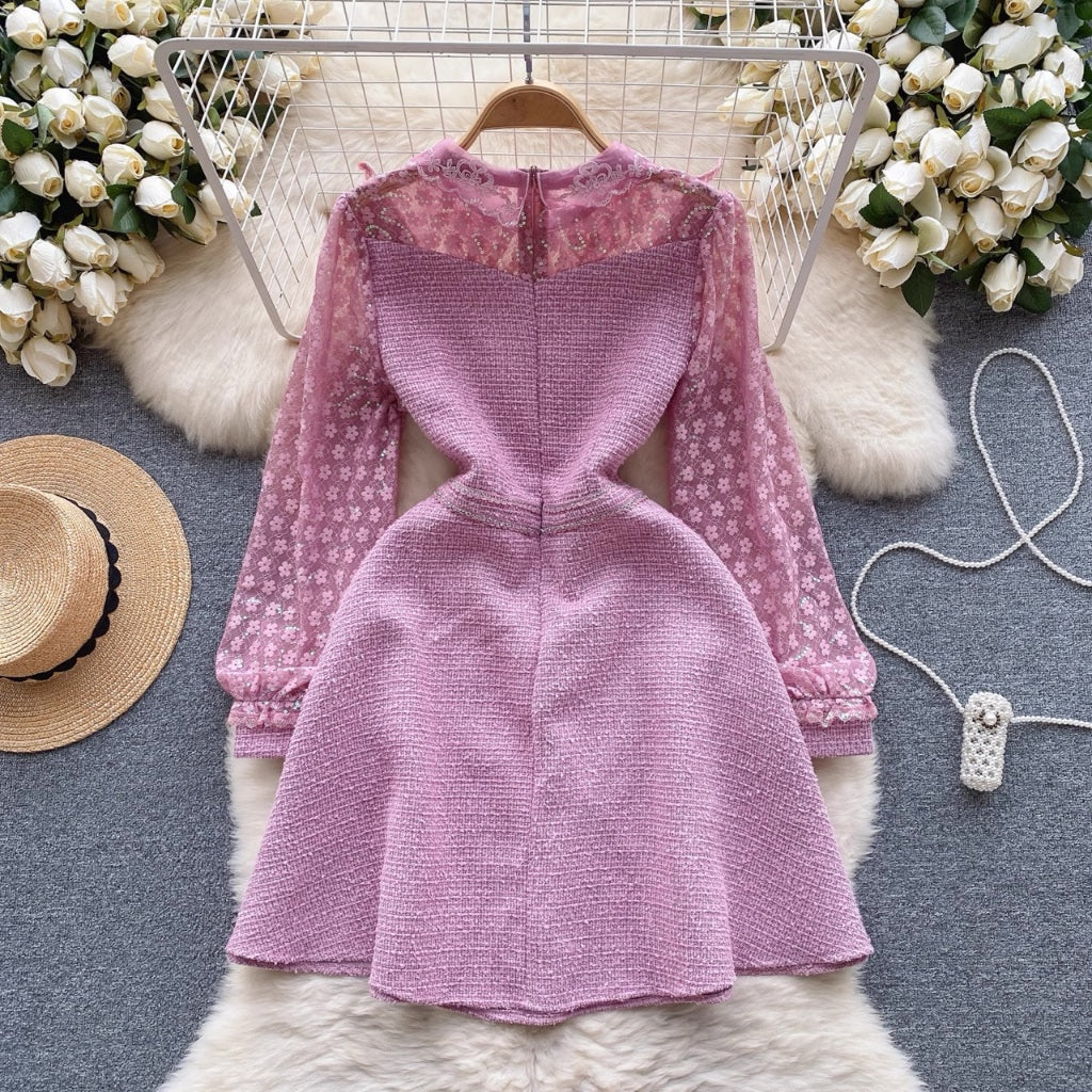 [READY] LD 92-102 Jolie Pink Tweed Lace Dress