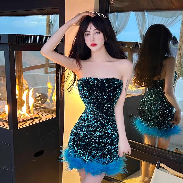 [READY] LD 78-96 Suzy Fur Sequin Mini Dress