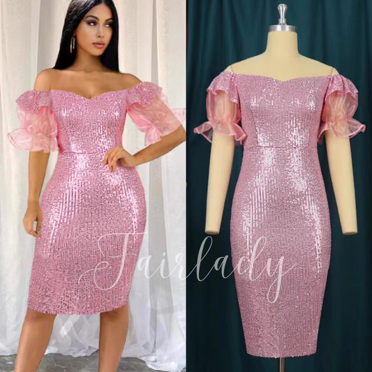 [READY STOCK] LD 76-104 Calista Pink Sequin Midi Dress Korean Style Premium Fairlady 10/07