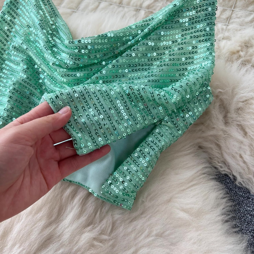 LD 86 Svetlana Green-Mint Sequin Set Top+Skirt