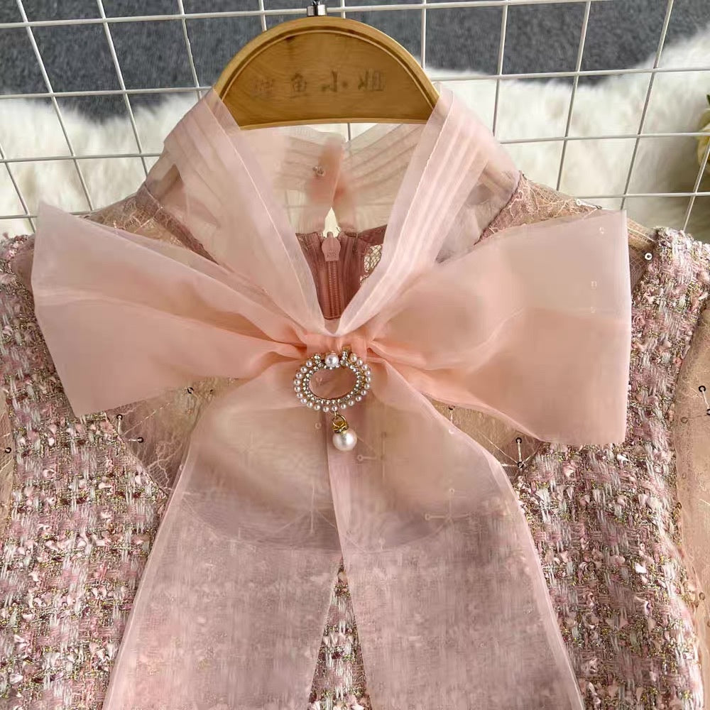 [READY] Laura Soft Pink Tweed Lace Ribbon Dress