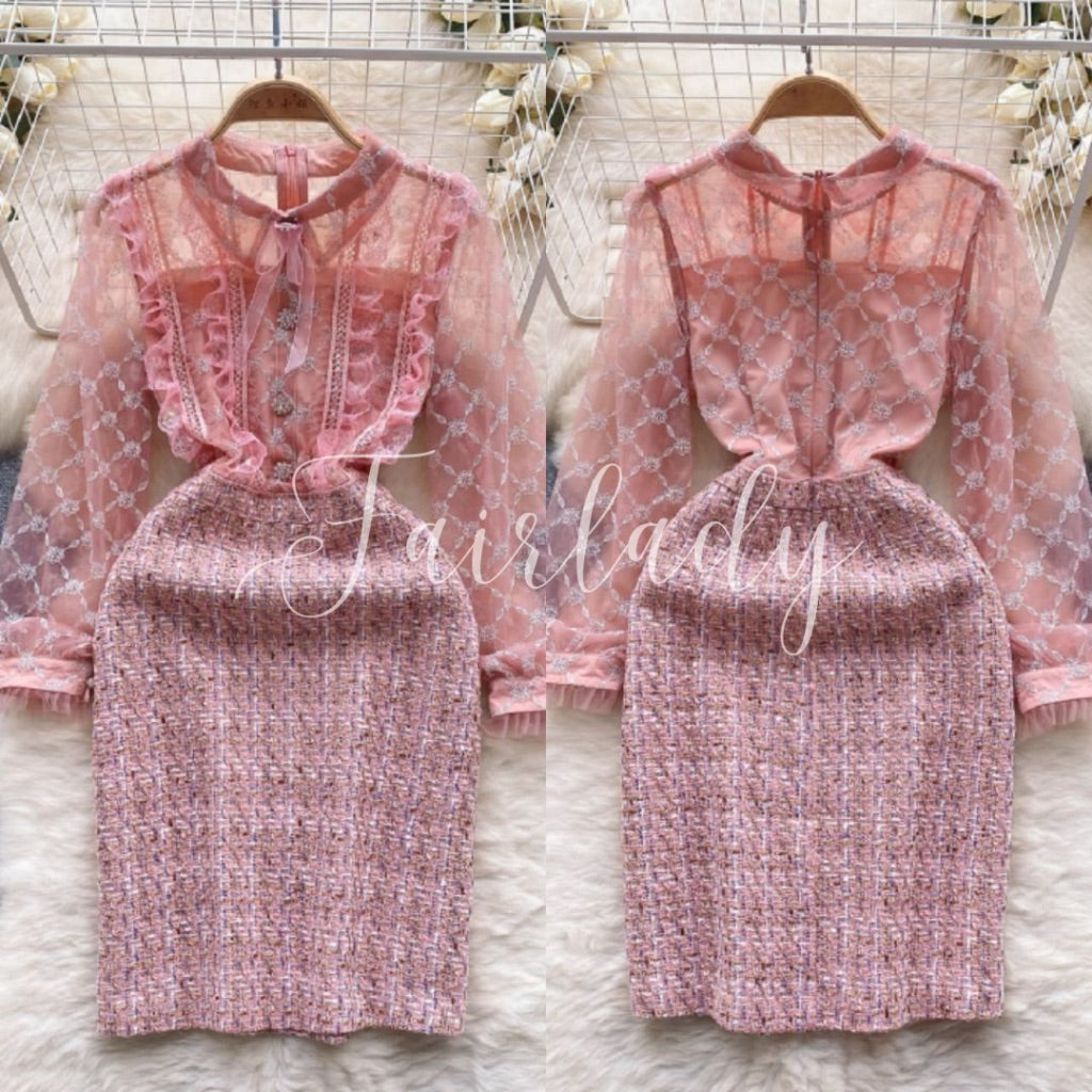 [READY] LD 88-96 Monice Pink Tweed Lace Dress Korean Style Premium Fairlady 176