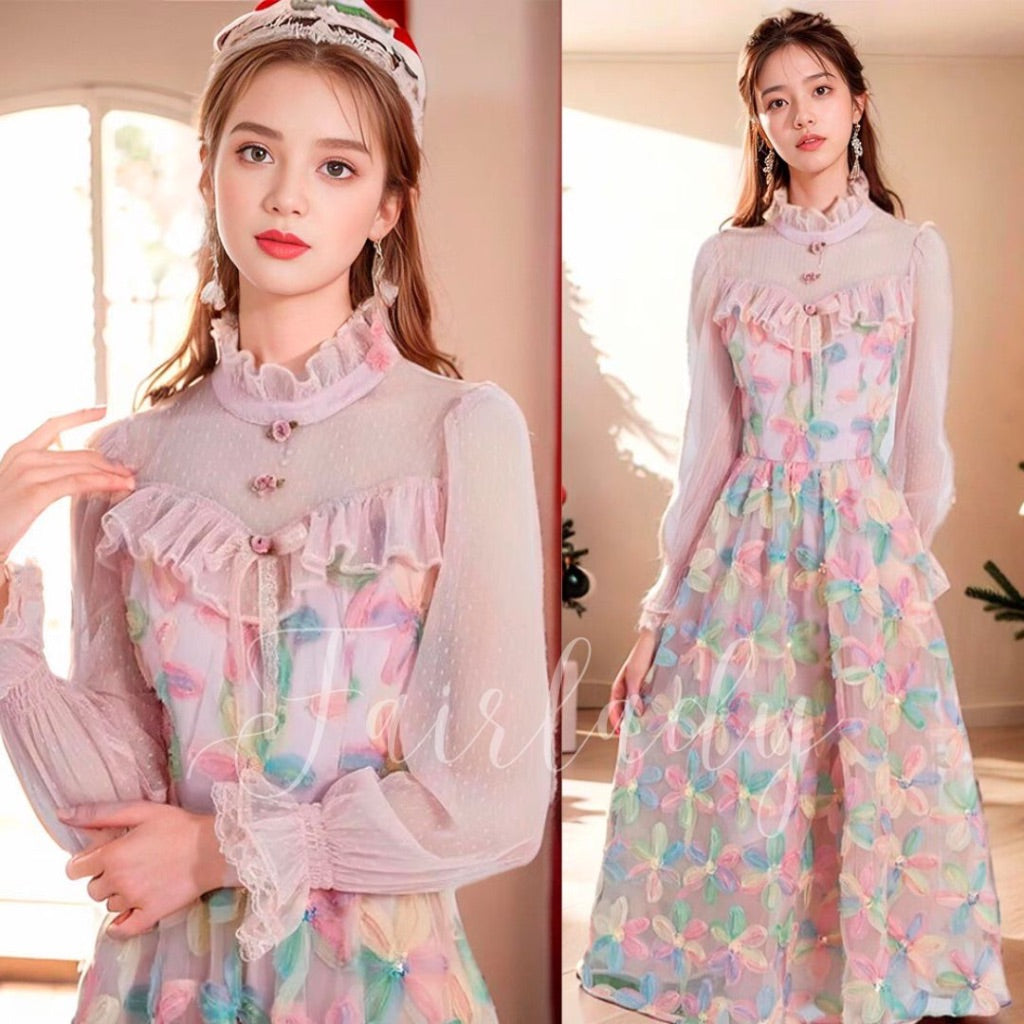 [READY] LD 92-94 Esmee Pink FLoral Lace Maxi Dress