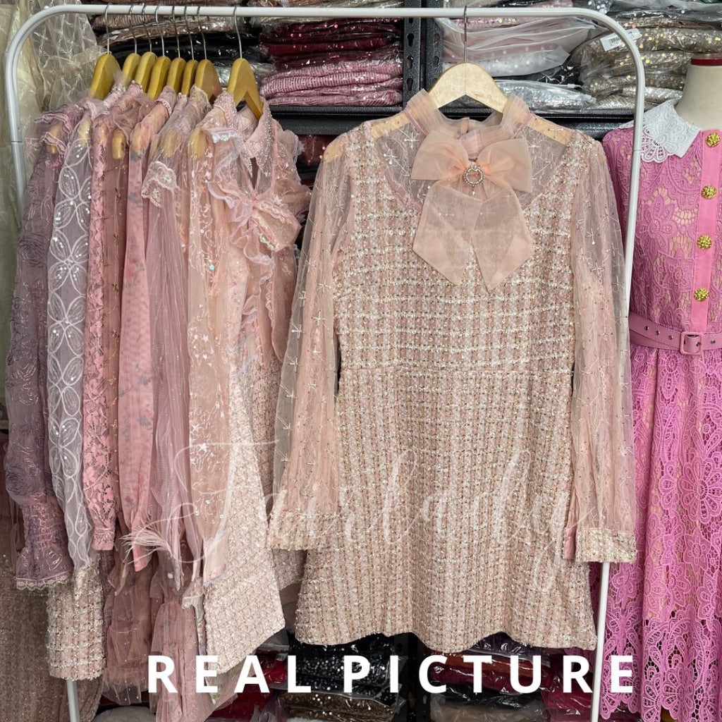 [READY] Laura Soft Pink Tweed Lace Ribbon Dress