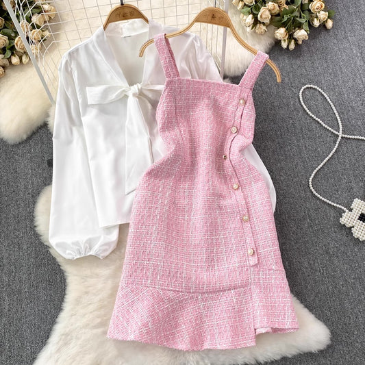 [READY] LD 88-90 Edna Pink Tweed Set Top+Overall Dress