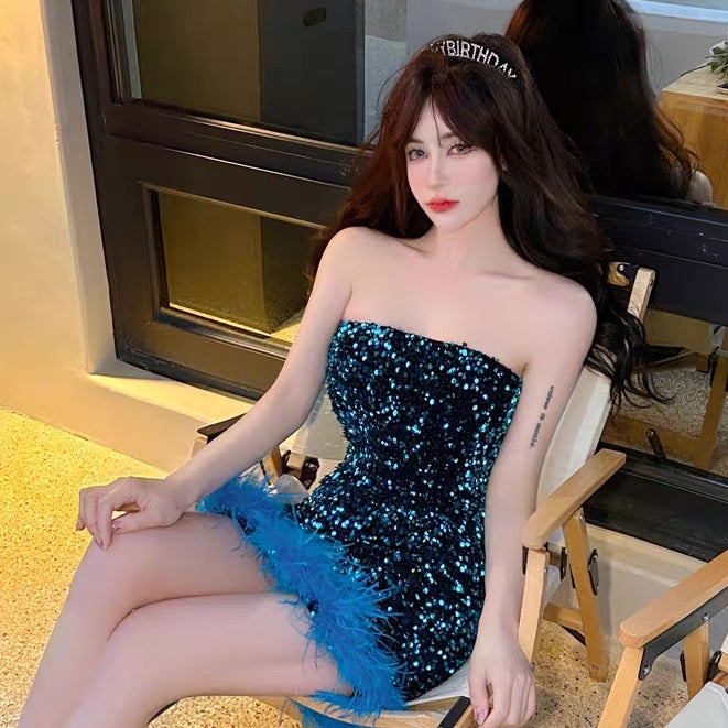 [READY] LD 78-96 Suzy Fur Sequin Mini Dress