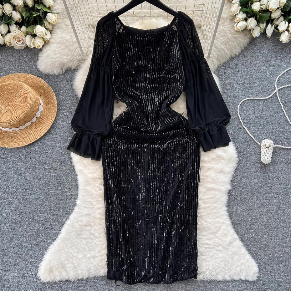 [READY STOCK] LD 86-88 Eva Black Velvet Sequin Midi Dress Korean Style Premium Fairlady 10