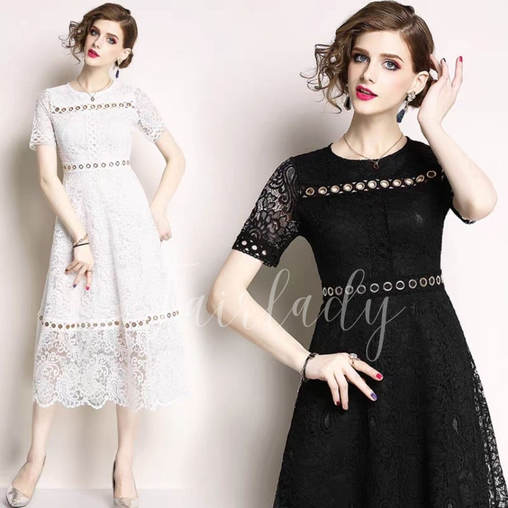 [READY] LD 90-94 Lynne White/Black Brukat Lace Ring Maxi Dress Korean Style Premium Fairlady_id 152