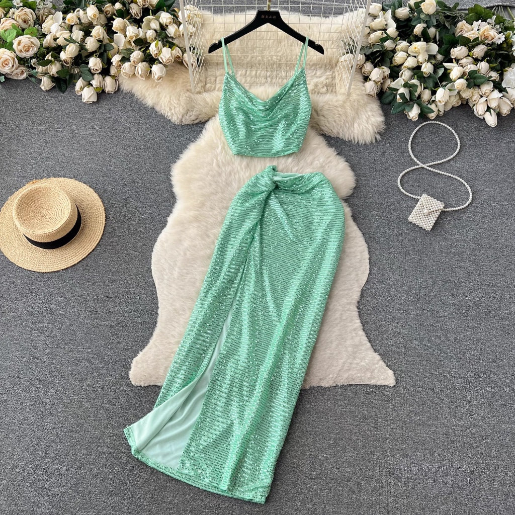 LD 86 Svetlana Green-Mint Sequin Set Top+Skirt