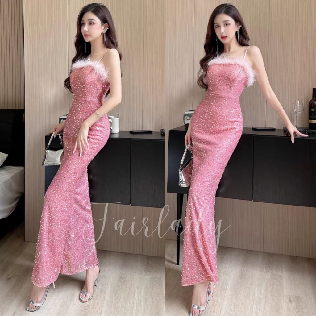 [READY] LD 72-94 Elvira PINK Sequin Fur Party Maxi Dress