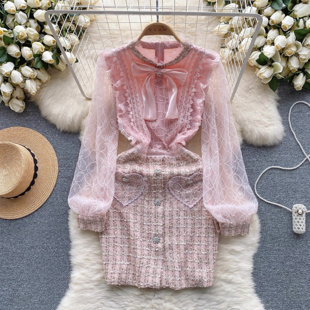 [READY] LD 88-100 Meredith Soft Pink Tweed Lace Ribbon Heart Dress Korean Style Premium Fairlady 181