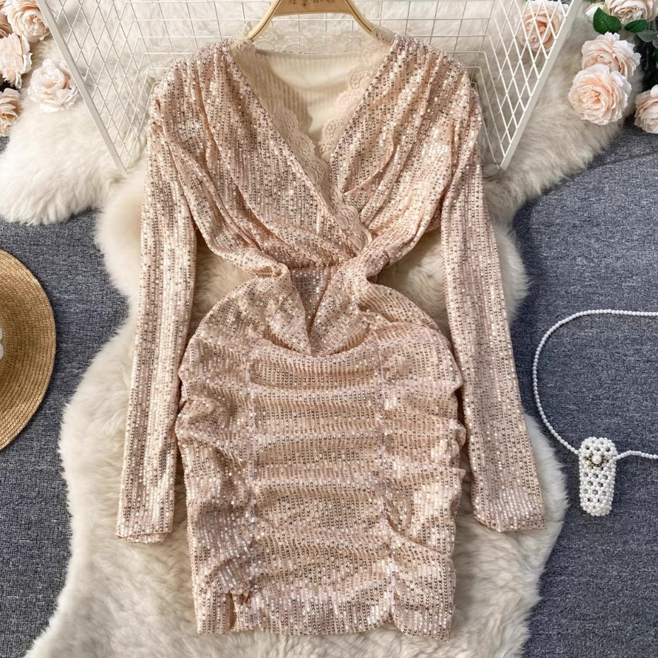 [READY] LD 88-100 Mica Cream-Gold Sequin Mini Dress