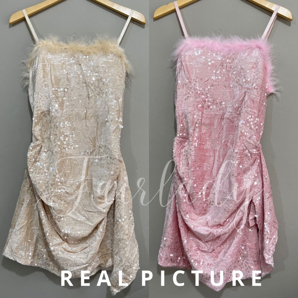 [READY] LD 80-92 Damaris Fur Sequin Mini Dress