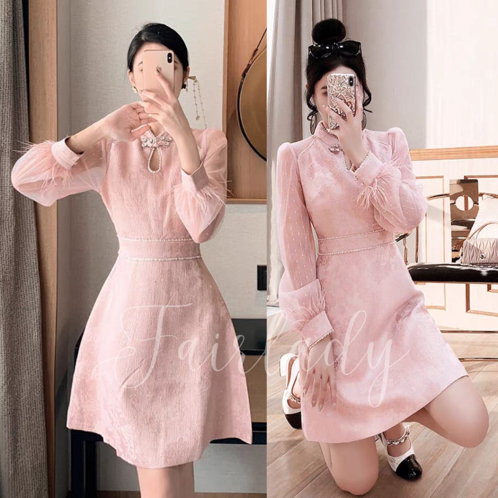 [READY] LD 92-104 Luna Pink Jacquard Lace Midi Dress