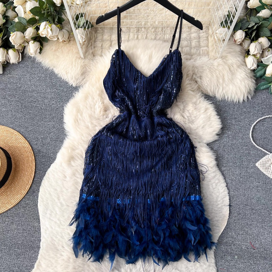 [READY STOCK] LD 84-90 Sheila Tassel Fur Sequin Party Mini Dress Pesta Korean Style Fairlady_id 05/06