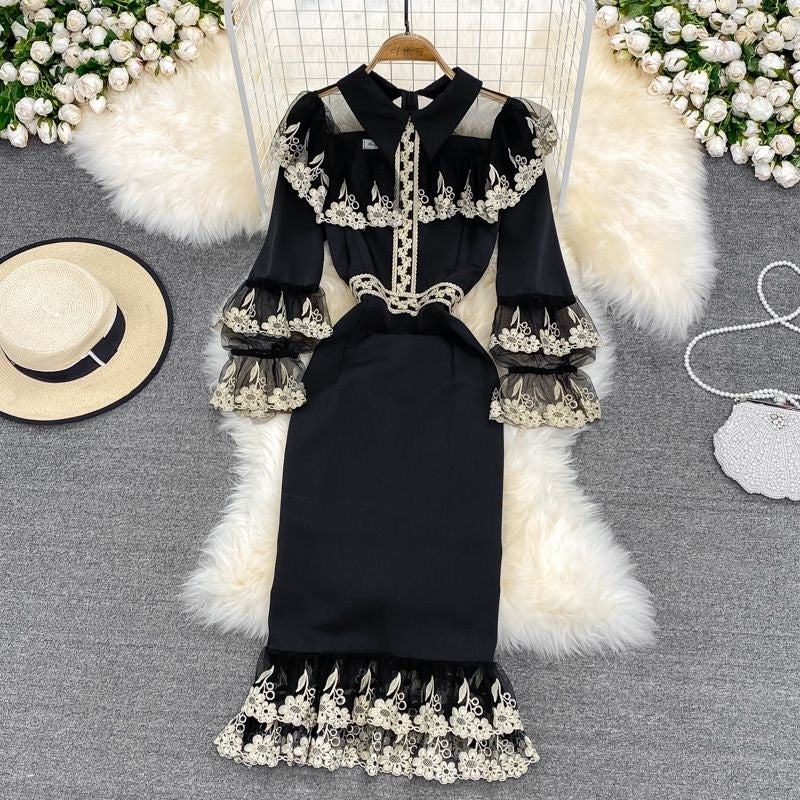 [READY] LD 90-100 Bertha Gold Black Brukat Lace Dress Korean Style Premium Fairlady_id 139