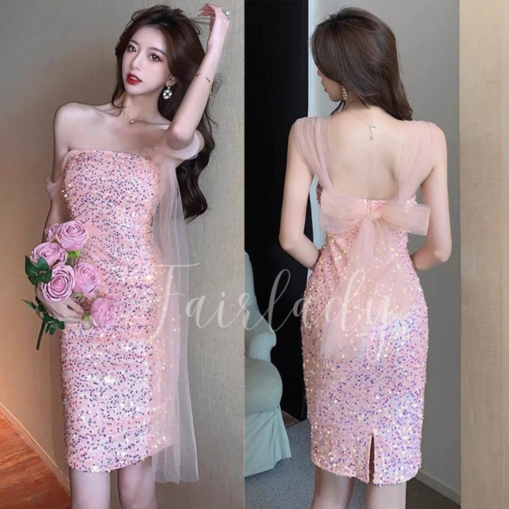 [READY STOCK] LD 80-90 Beladonna Pink Sequin Party Dress Pesta Korean Style Premium Fairlady_id 157