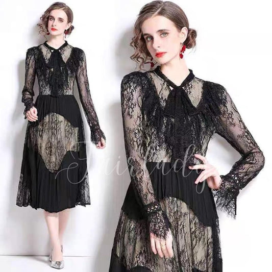 [READY] LD 94-98 Maia Black Soft Brukat Lace Maxi Dress