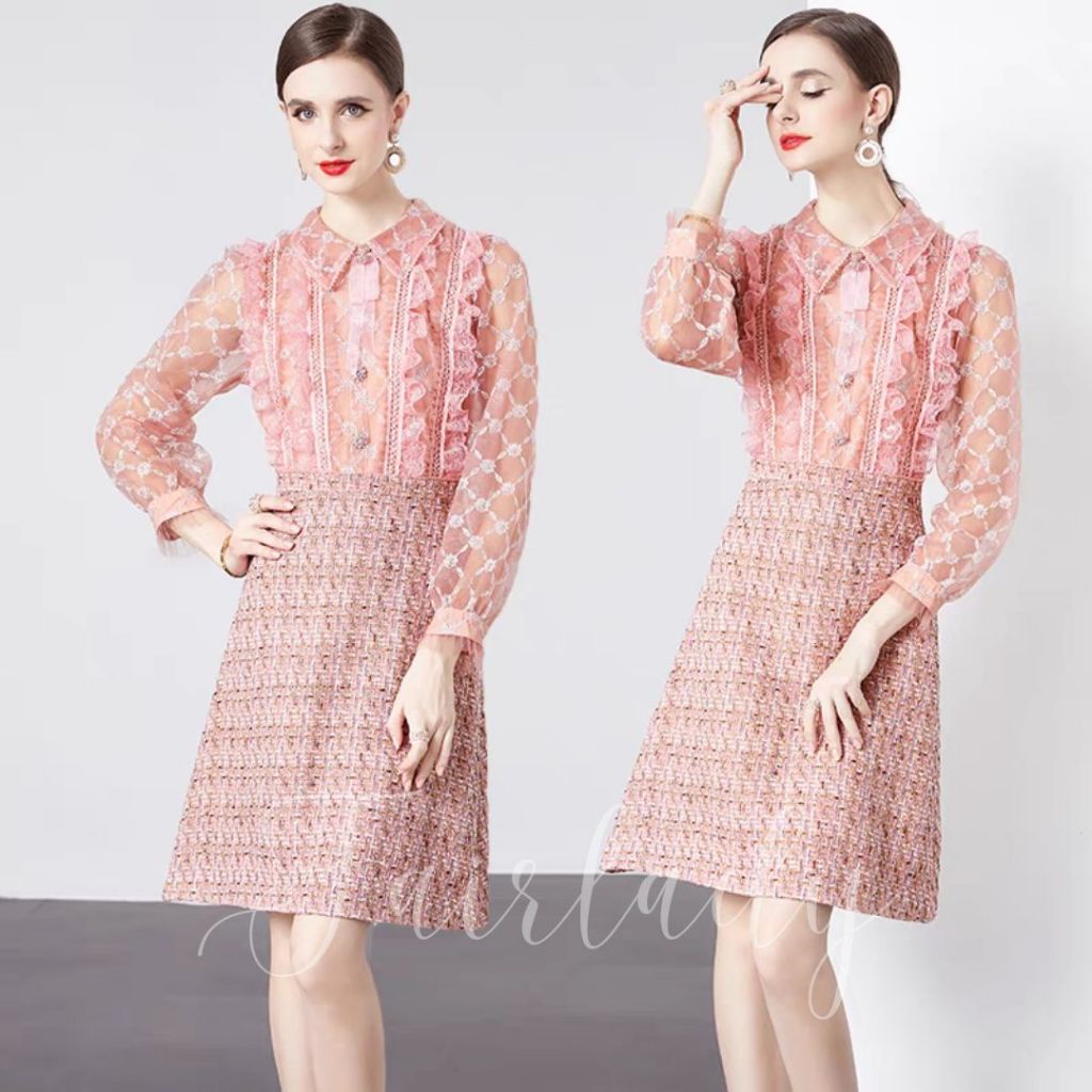 [READY] LD 88-96 Monice Pink Tweed Lace Dress Korean Style Premium Fairlady 176