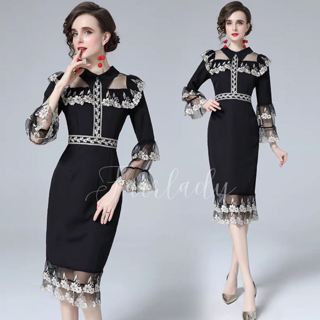 [READY] LD 90-100 Bertha Gold Black Brukat Lace Dress Korean Style Premium Fairlady_id 139