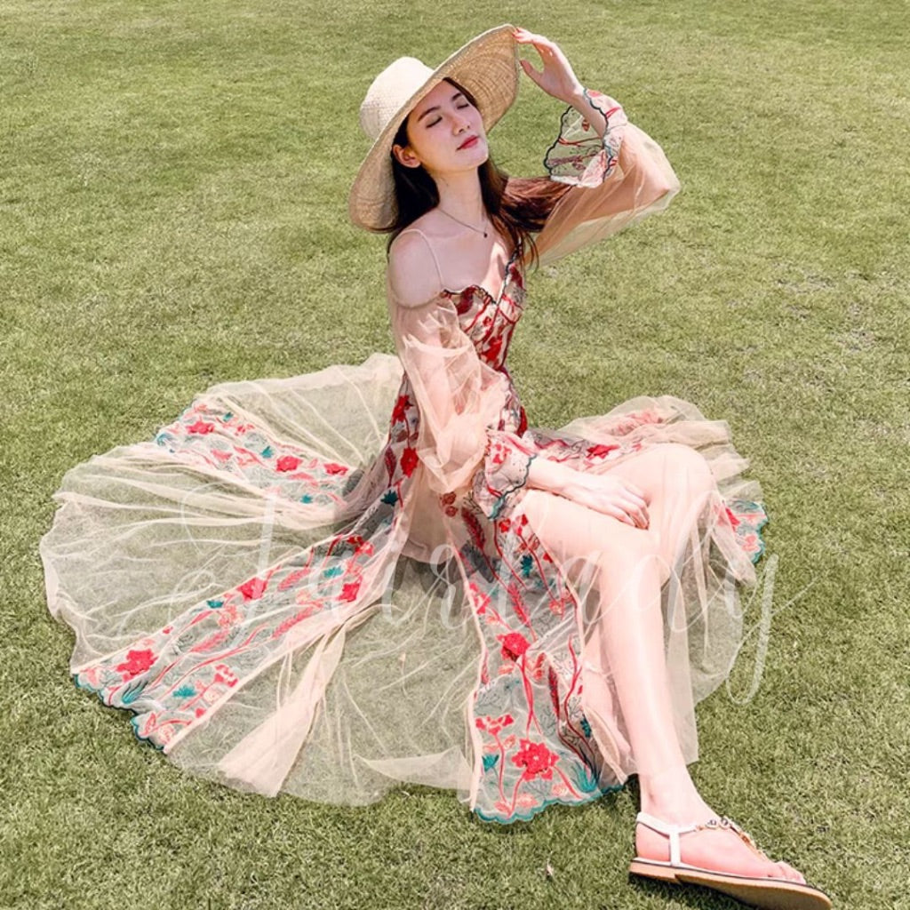 [READY] LD 92 Beatrix Khaki Red Floral Lace Long Dress Korean Dress Premium Fairlady 181