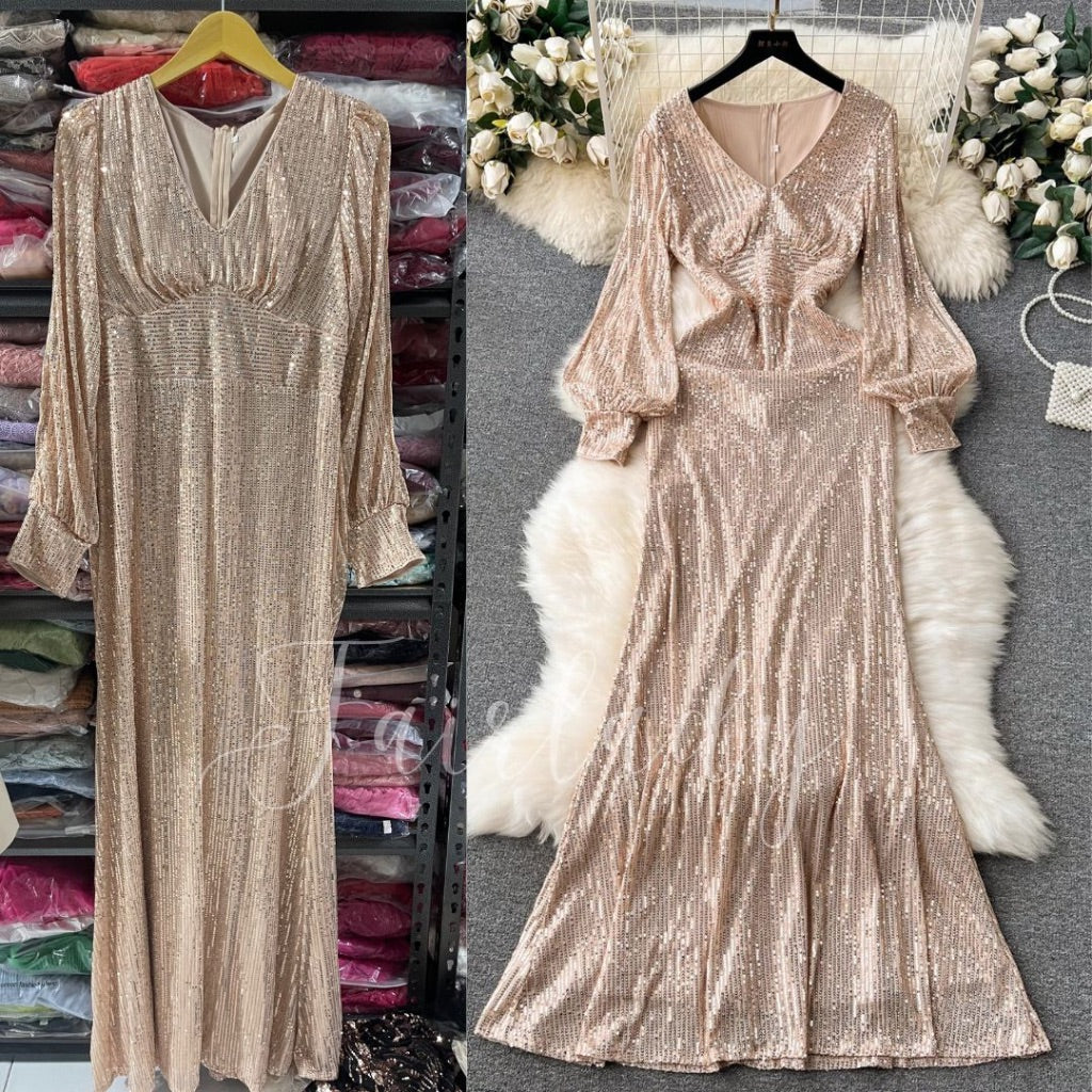 [READY STOCK] BIG LD 84-108 Ghania (Rose Gold) Sequin Maxi Long Sleeve Dress Pesta Korean Style Premium Fairlady 8/7