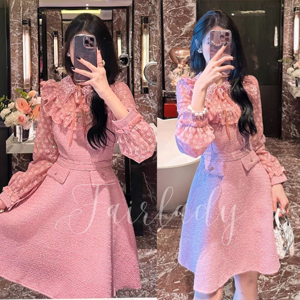 [READY] LD 92-102 Jolie Pink Tweed Lace Dress