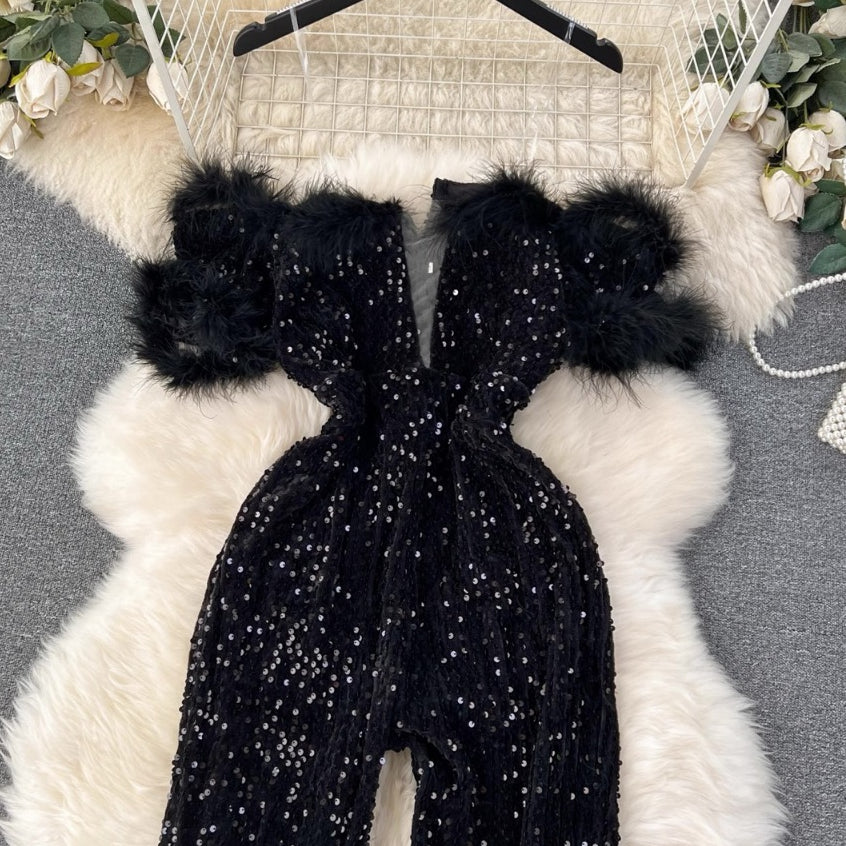 [READY STOCK] LD 76-110 Fiore Black Fur Sequin Jumper Pesta Korean Style Premium Fairlady