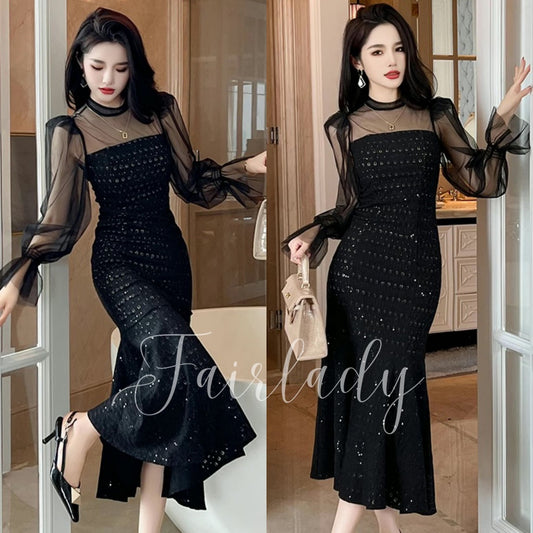 [READY STOCK] LD 82-100 Luna Black Brukat Blink Sequin Party Maxi Dress Pesta Korean Style Premium Fairlady 11