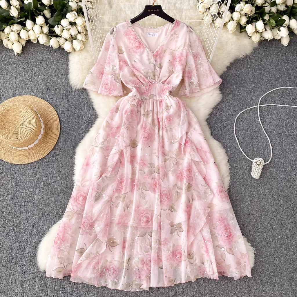 LD 92-94 Naoki Floral Pearl Chiffon Dress Fairlady 152