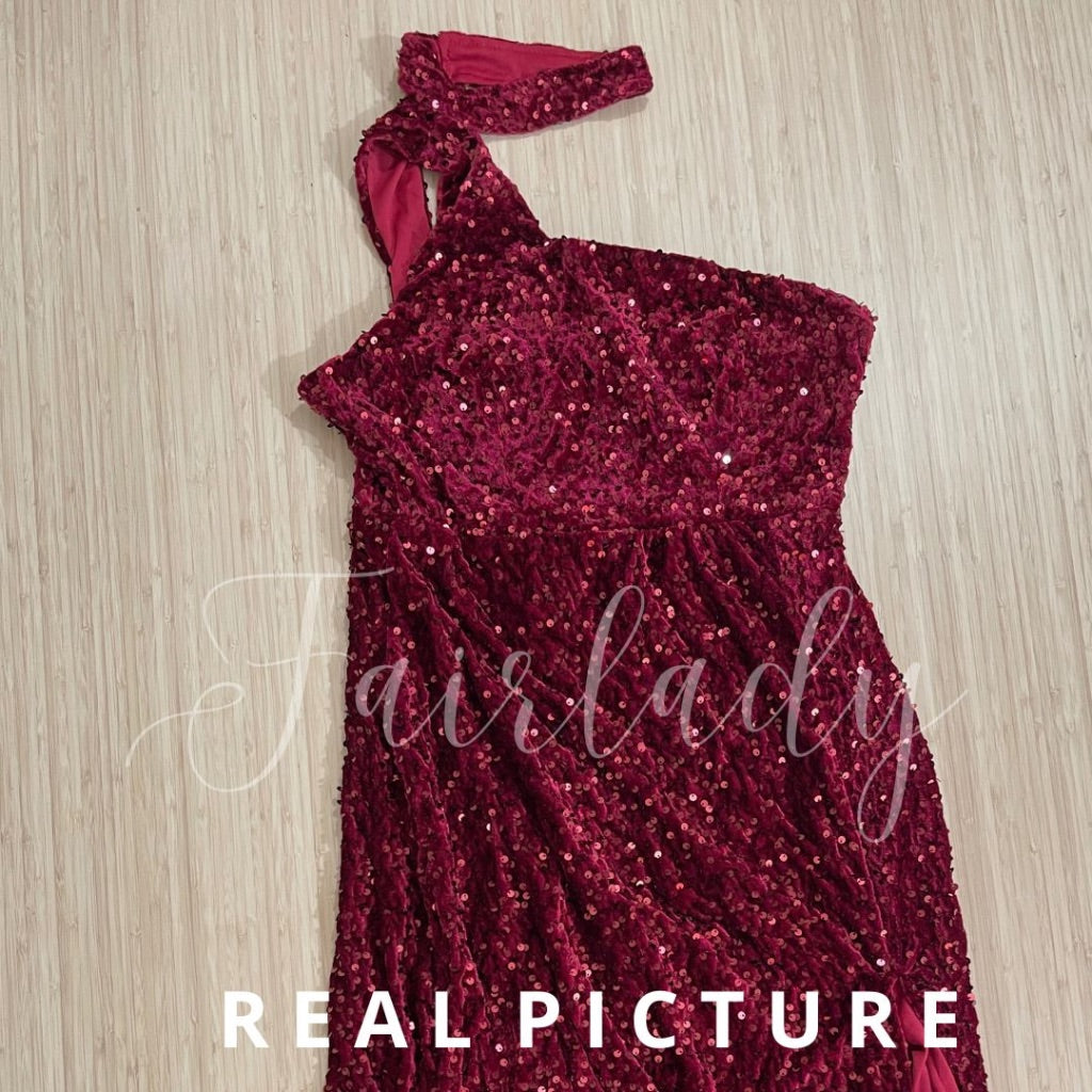 [READY] LD 90-96 Merissa RED Velvet Sequin Dress Halter Gaun Pesta Fairlady 169