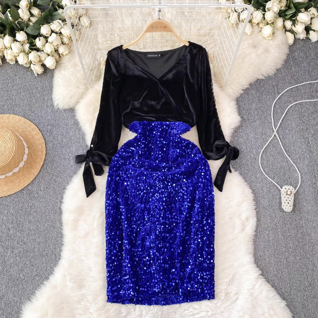 [READY] LD 84-92 Leia Velvet Sequin Pearl Dress Korean Style Premium Fairlady 169