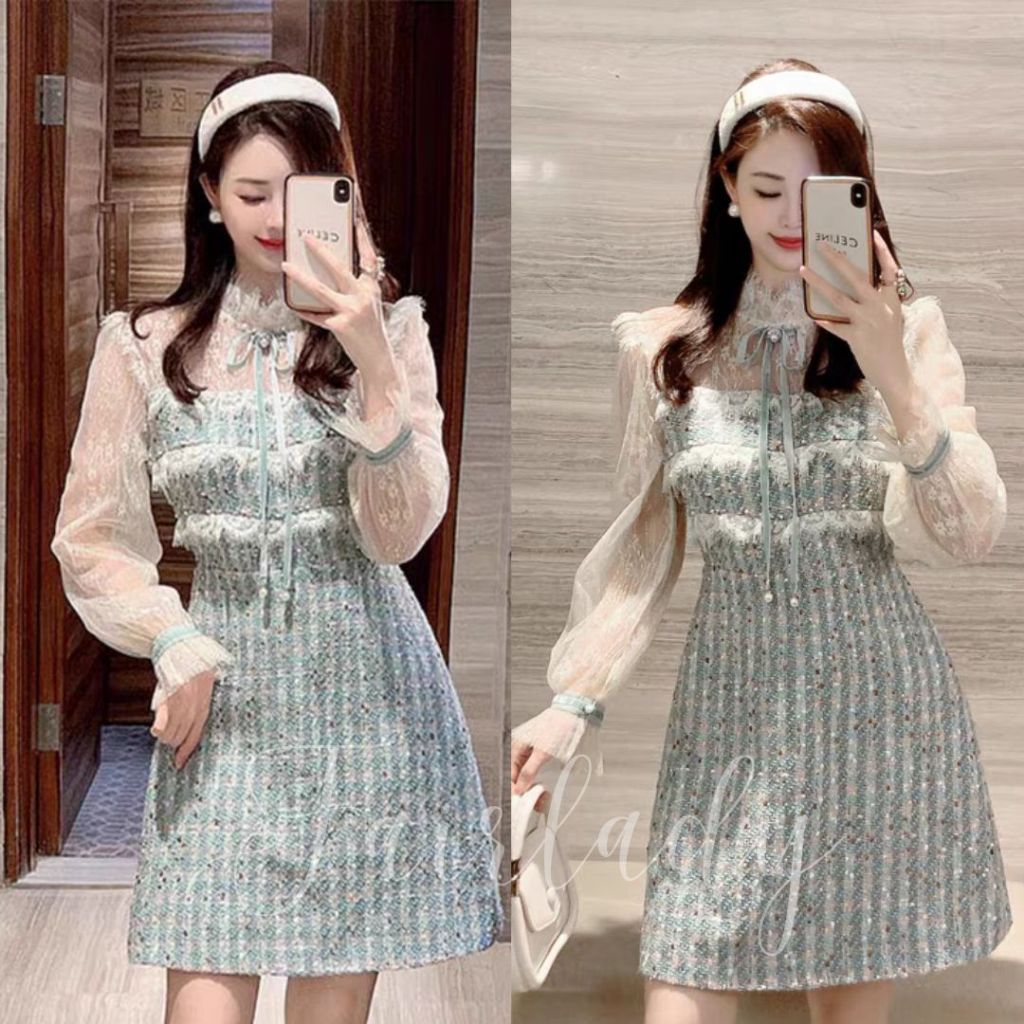 [READY] LD 88-98 Madilyn Tweed Lace Pearl Blue Dress Korean Style Premium Fairlady 176