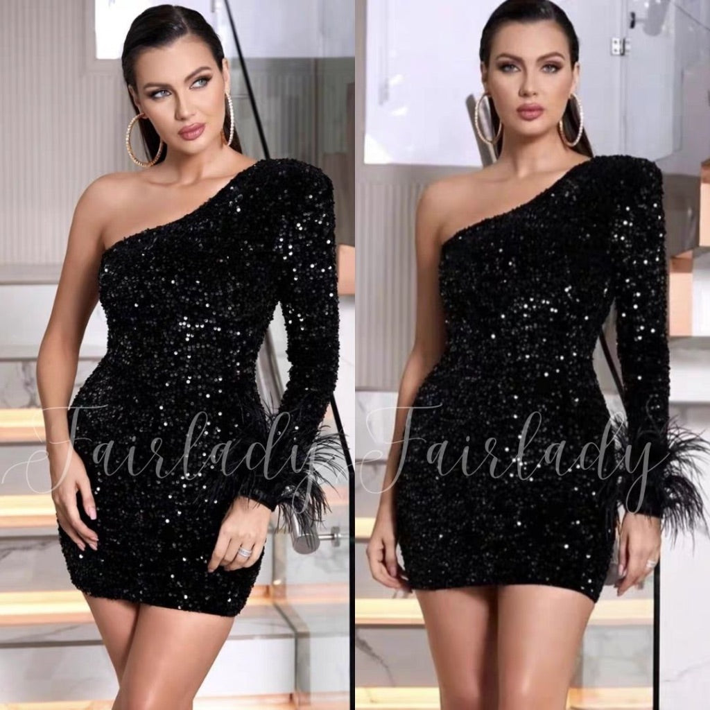 [READY] LD 84-88 Dardy Sequin Fur Party Mini Dress Pesta Korean Style Premium Fairlady_id 157