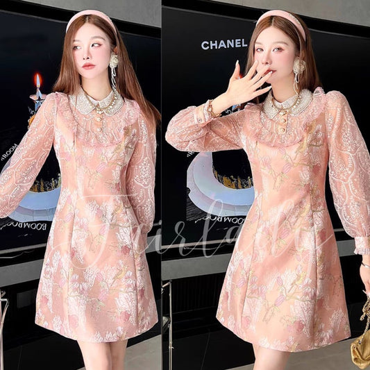 [READY] LD 90-98 Flavia Pink-Peach Jacquard Lace Dress Pesta Wanita Korean Style Premium Fairlady 181