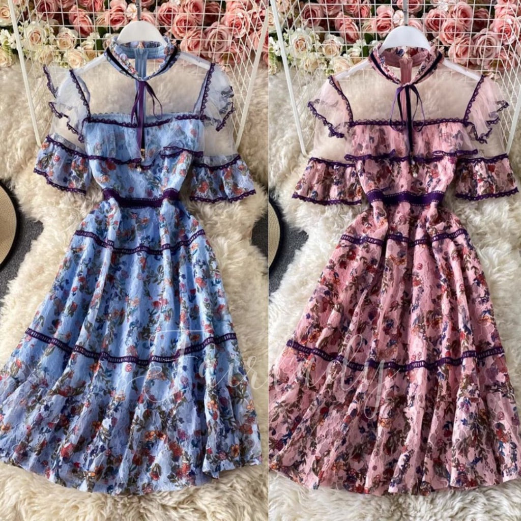 [READY] LD 90-92 Doree Blue/Pink-Purple Brukat Lace Dress Pesta Wanita Korean Style Premium Fairlady_id