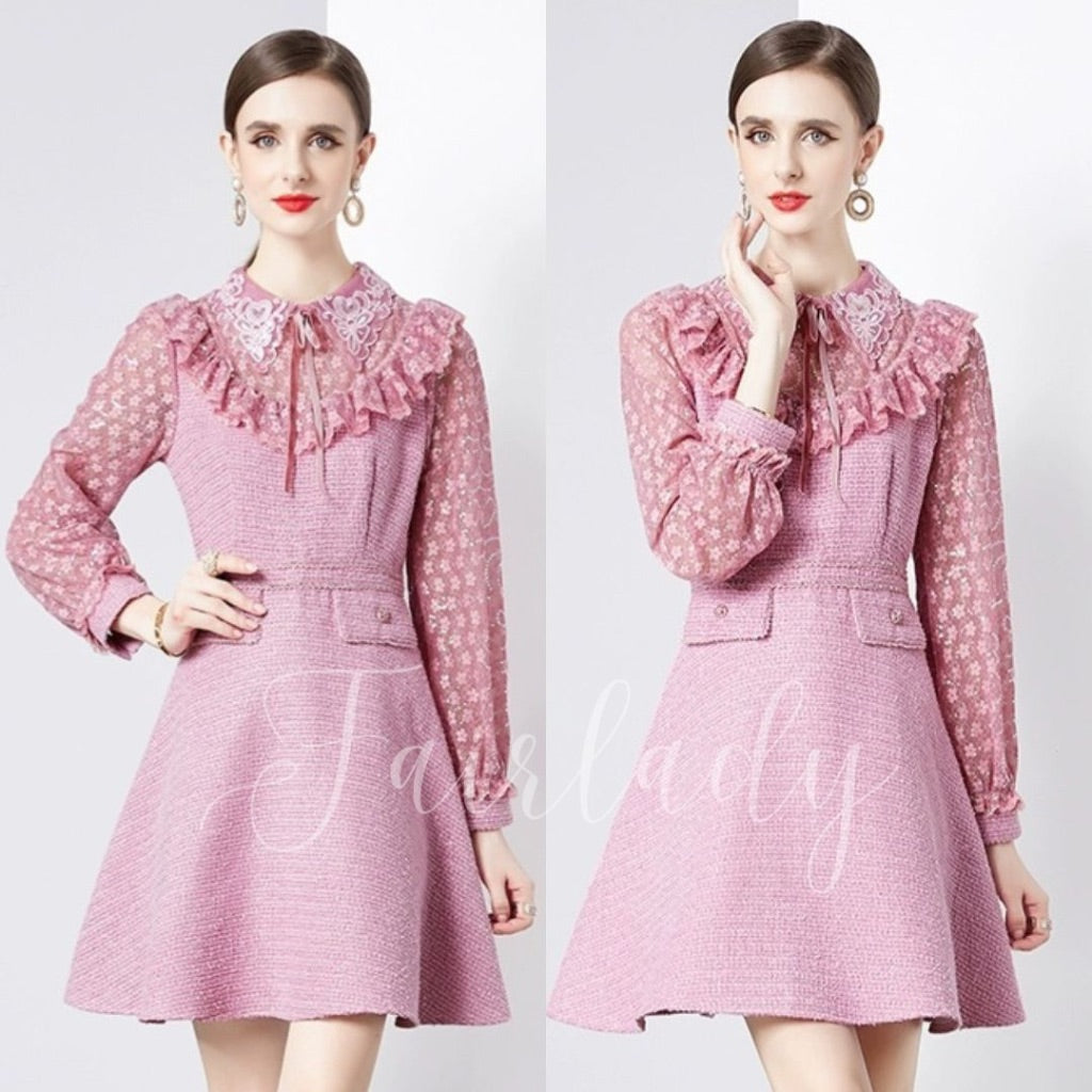 [READY] LD 92-102 Jolie Pink Tweed Lace Dress