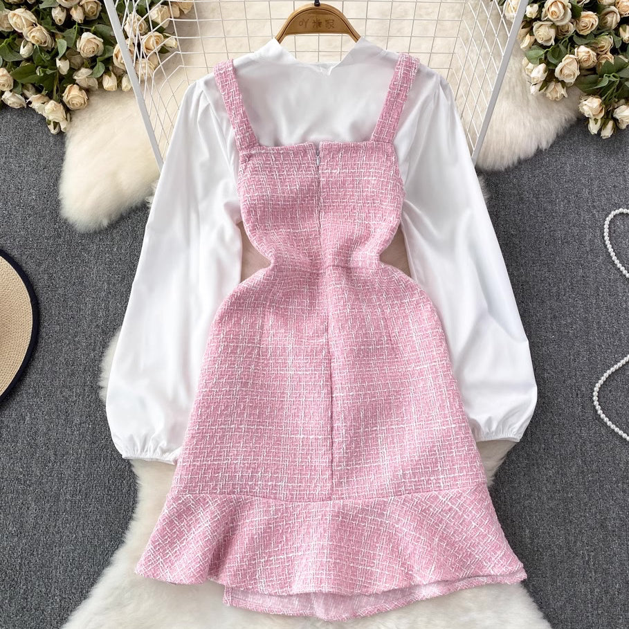 [READY] LD 88-90 Edna Pink Tweed Set Top+Overall Dress