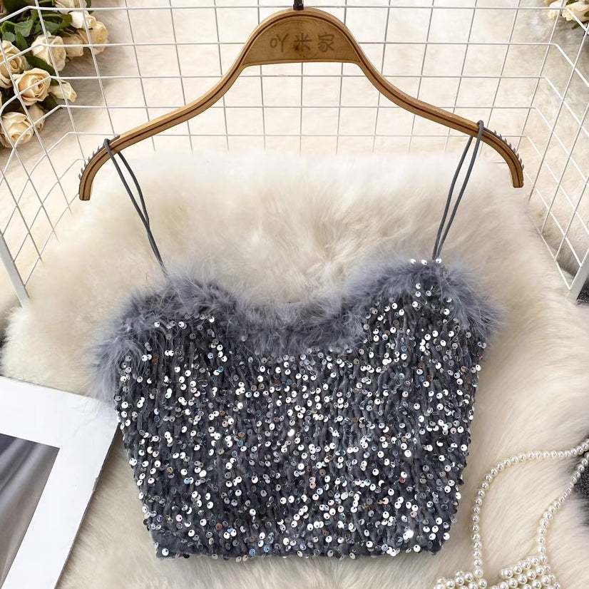 [READY] LD 80-92 Dyan Fur Sequin Crop Top