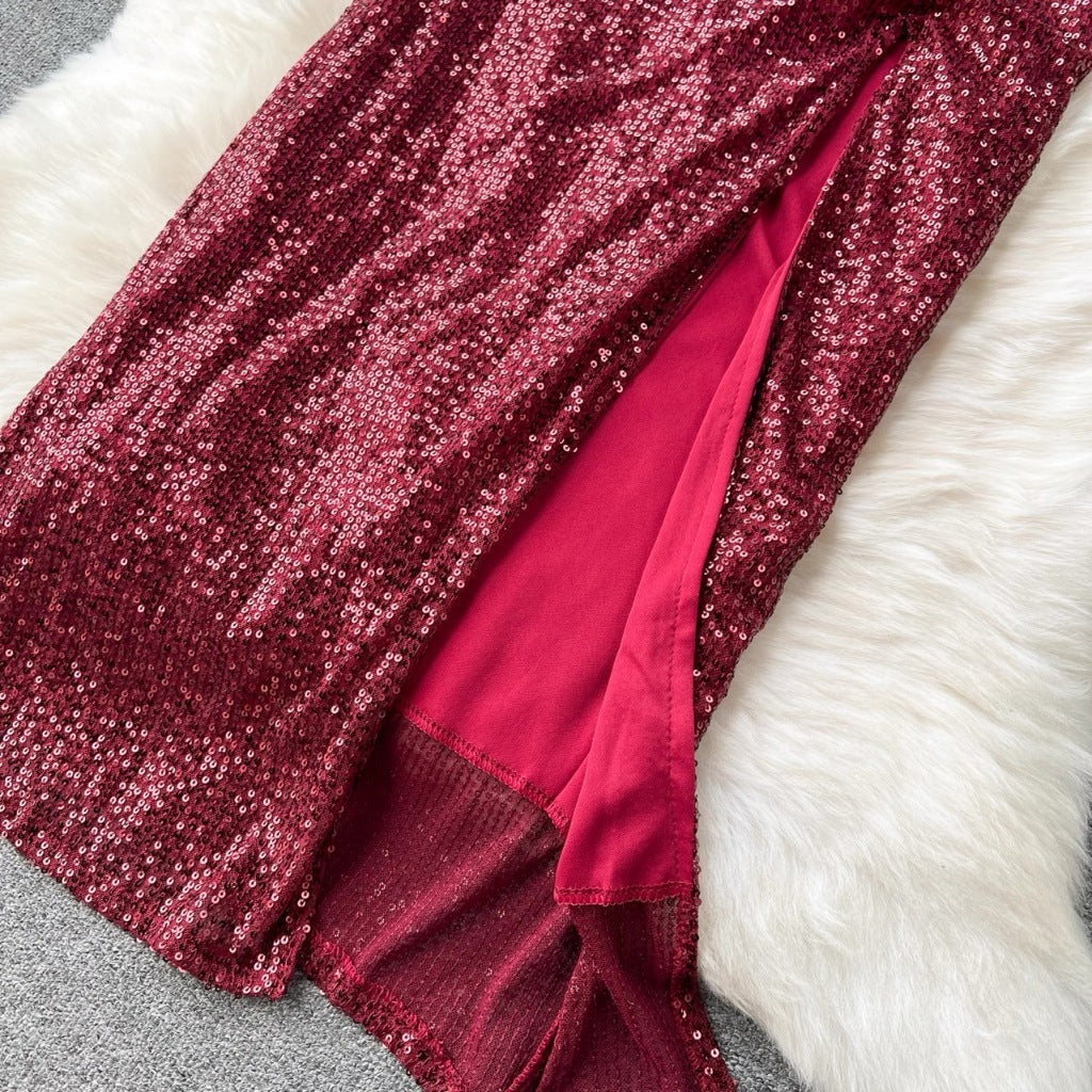 [READY STOCK] LD 78-102 Serela Red Maroon Sequin Party Maxi Dress Wanita Korean Style Premium Fairlady_id 10