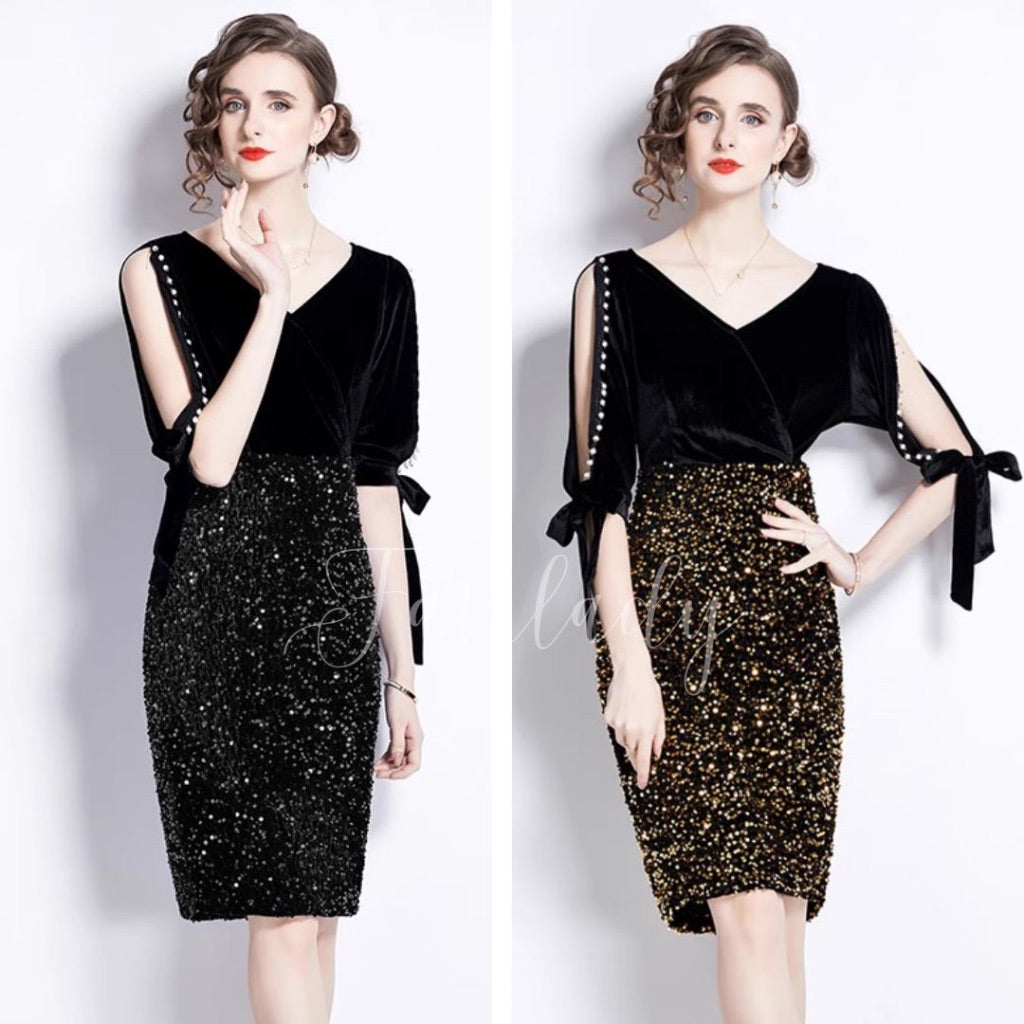 [READY] LD 84-92 Leia Velvet Sequin Pearl Dress Korean Style Premium Fairlady 169