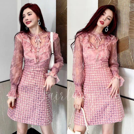 [READY] LD 88-94 Eireen Pink Tweed Brukat Lace Dress Pesta Wanita Korean Style Premium Fairlady_id