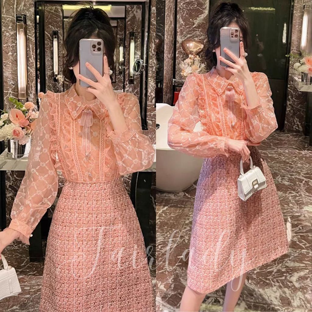 [READY] LD 88-96 Monice Pink Tweed Lace Dress Korean Style Premium Fairlady 176