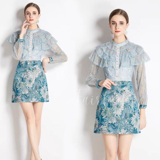 [READY] LD 96-100 Marica Blue Brukat Lace Dress