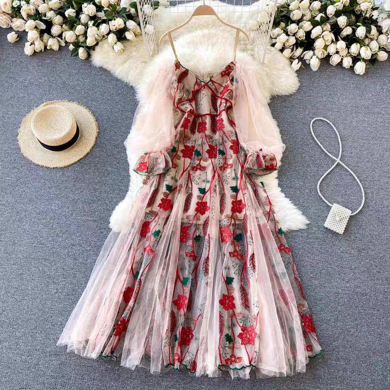 [READY] LD 92 Beatrix Khaki Red Floral Lace Long Dress Korean Dress Premium Fairlady 181