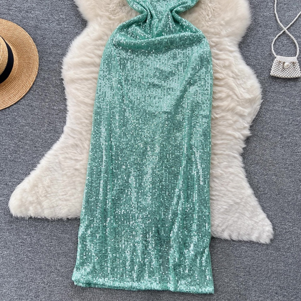 [READY] LD 72-92 Mila Mint-Green Sequin Party Maxi Dress