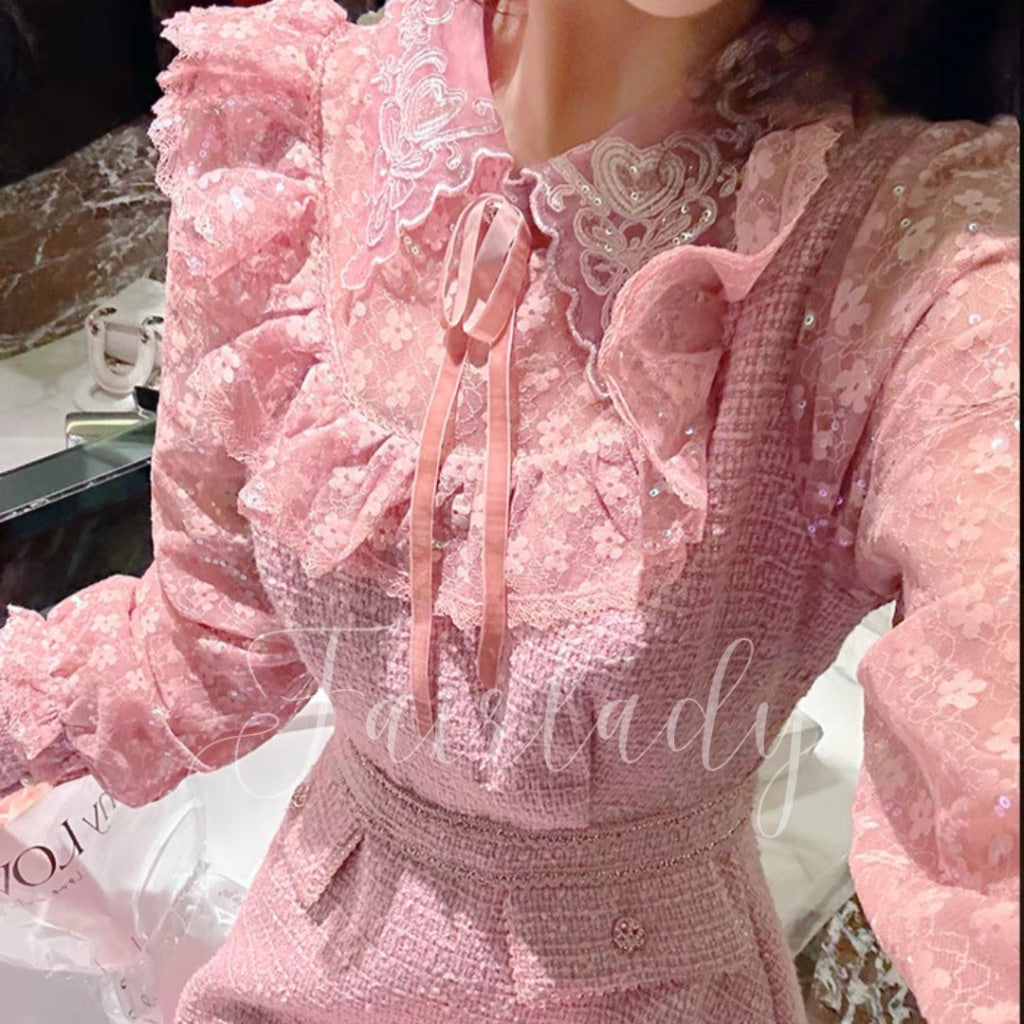 [READY] LD 92-102 Jolie Pink Tweed Lace Dress